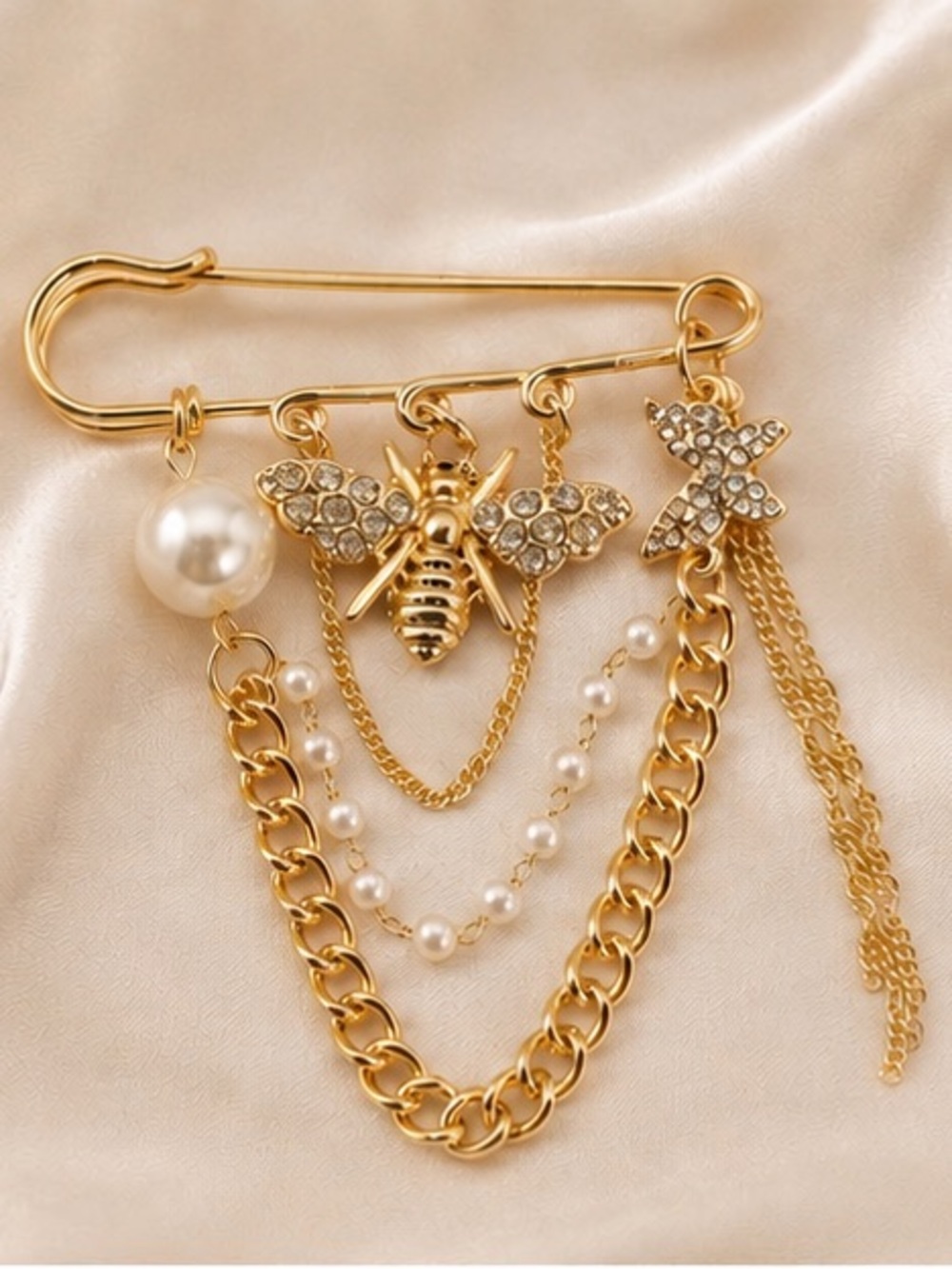 Bee & Pearl Safety Pin Brooch – Designer Inspired